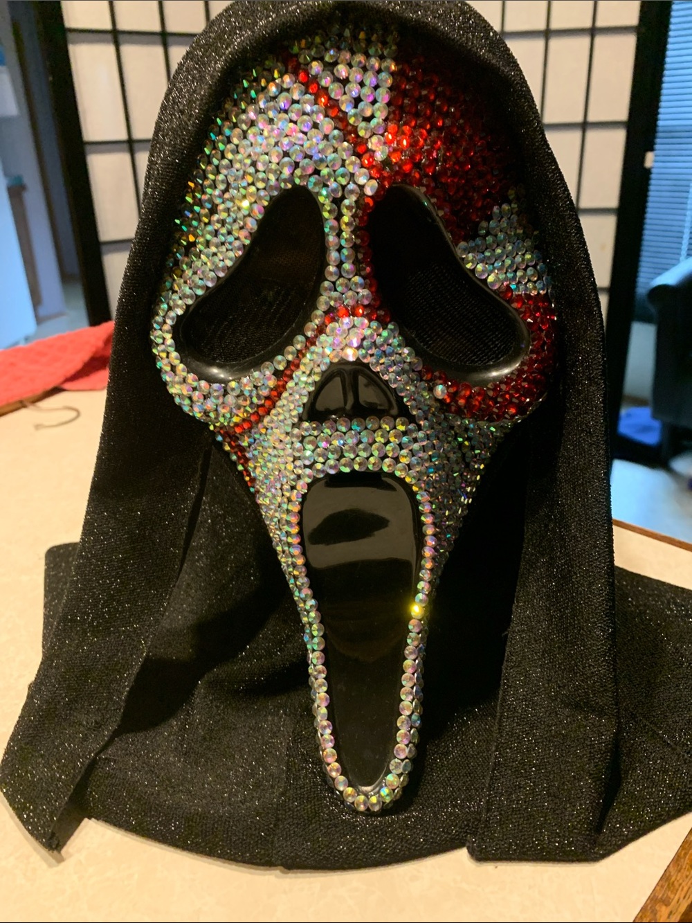 Scream Sparkle Ghost Face Costume Mask - Black with Red and Iridescent Rhineston